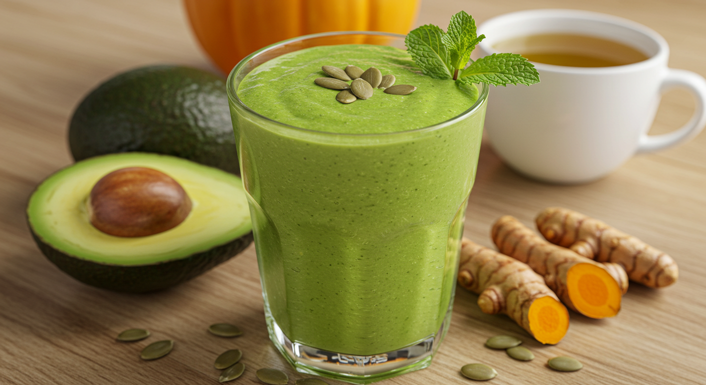 Smoothie Verde Revitalizante servido em um copo, com ingredientes como abacate e cúrcuma ao fundo.