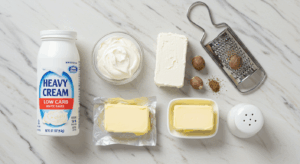 Ingredientes para o molho branco low carb: creme de leite, cream cheese e manteiga.