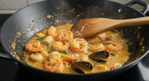 Wok com frutos do mar e vegetais cozinhando em molho curry cremoso.