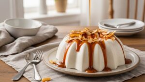 Manjar de coco low carb cremoso com calda rústica de coco queimado.